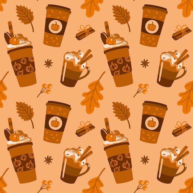 Spice coffee with cream.  Autumn mood. Seamless pattern. Vector.