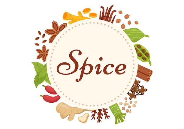 Vector spice shop with different hot spices or fresh seasoning and traditional herbs in flat illustration