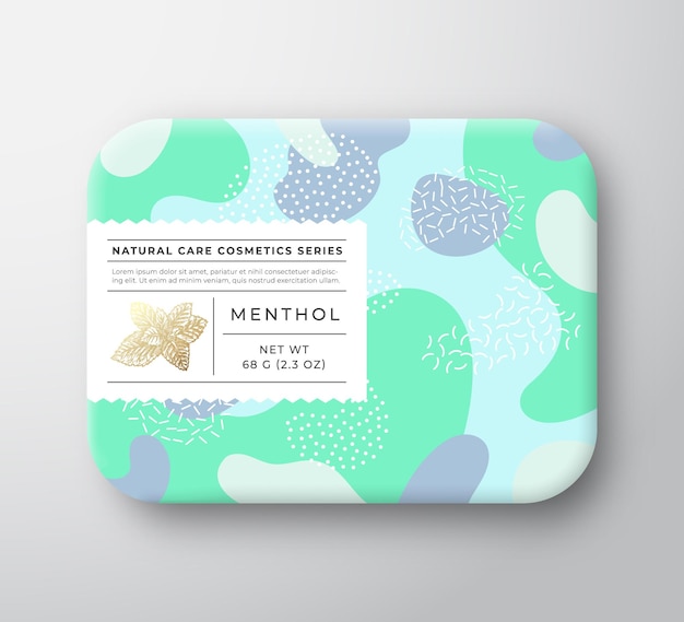 Spices Bath Cosmetics Package Box Vector Wrapped Paper Container with Care Label Cover Packaging Design Modern Typography and Hand Drawn Mint Leaves Abstract Camo Background Pattern Layout