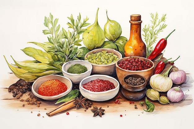 Spices and herbs on table Food and cuisine ingredients on table