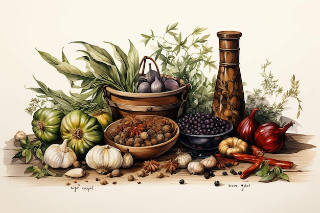 Spices and herbs on table Food and cuisine ingredients on white background