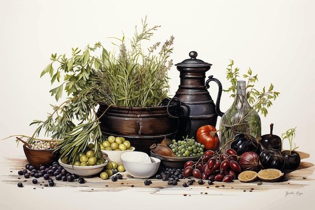 Spices and herbs on table Food and cuisine ingredients on white background