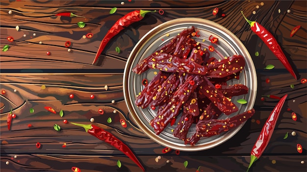 Vector spicy beef jerky on wooden plate background