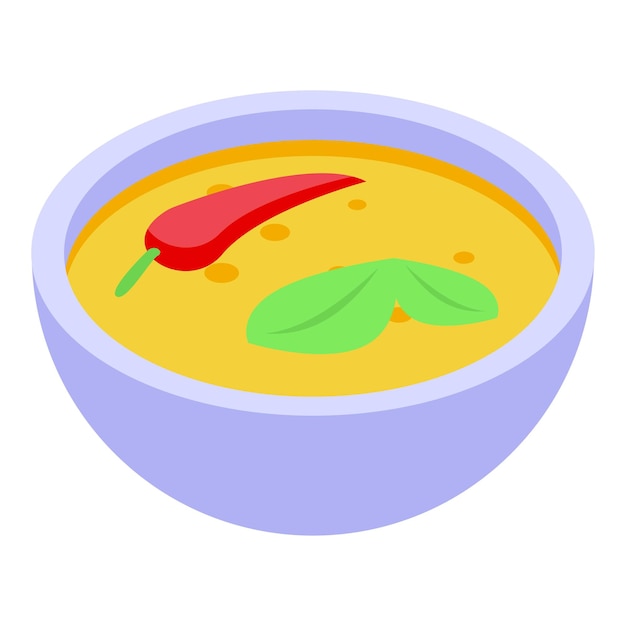 Vector spicy chili pepper and basil leaf floating in bowl of soup