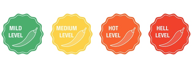 Spicy chili pepper hot fire flame icons Vector spicy food level icons mild medium hot hell pepper sauce fire flame Vector illustration