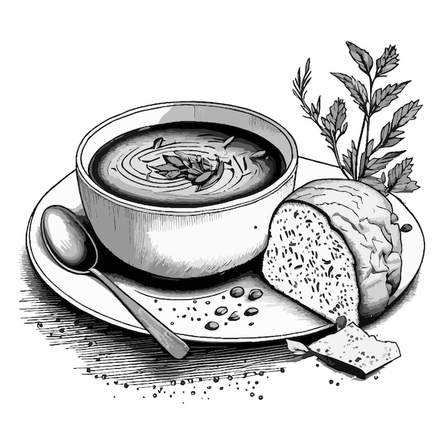 Spicy cream soup bowl with bread vector sketch