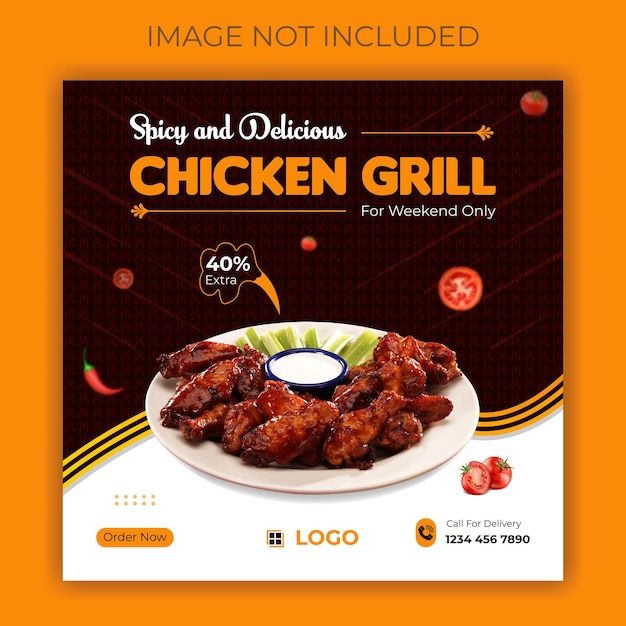 Spicy and delicious chicken grill fast food menu social media post design template with extra offer