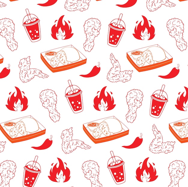 Spicy fried chicken hand drawn sketch seamless pattern fast food background