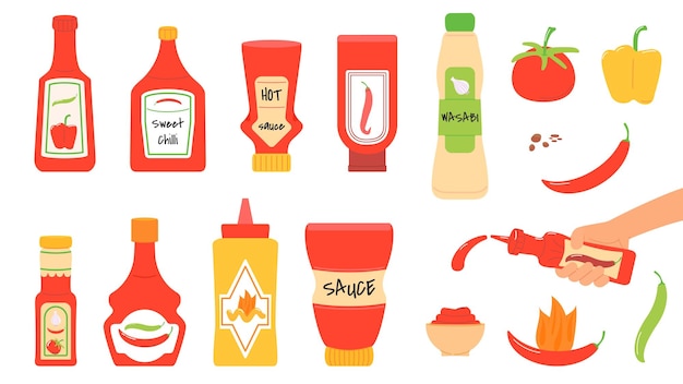 Vector spicy sauce tomato sauces and pepper chilli dressings salsa and mustard mayonnaise in little bowl and bottles food taste supplement decent vector kit