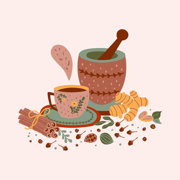 Vector spicy tea illustration hot flavored spiced tea party print cartoon cinnamon ginger black paper cardamon clove cup mortar pestle masala tea vector card chai tea print