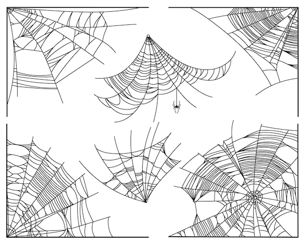 Spider web parts isolated on white background Scary cobweb outline decor Vector design elements for Halloween horror ghost or monster party invitation and posters