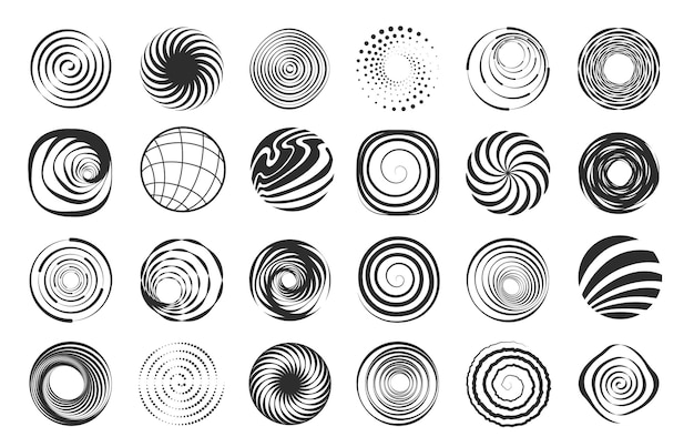 Spiral shapes Abstract swirl geometric figures modern wavy circle spiral abstract elements motion black border design elements Vector set