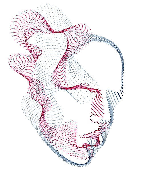 Spirit of digital electronic time, Artificial Intelligence vector illustration of human head made of dotted particles wave lines, particle flow, technological soul of machine.