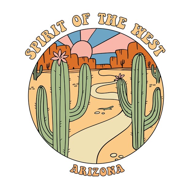 Vector spirit of the west roud badge grand canyon landscape with mountains rocks stones and cactuses arizon