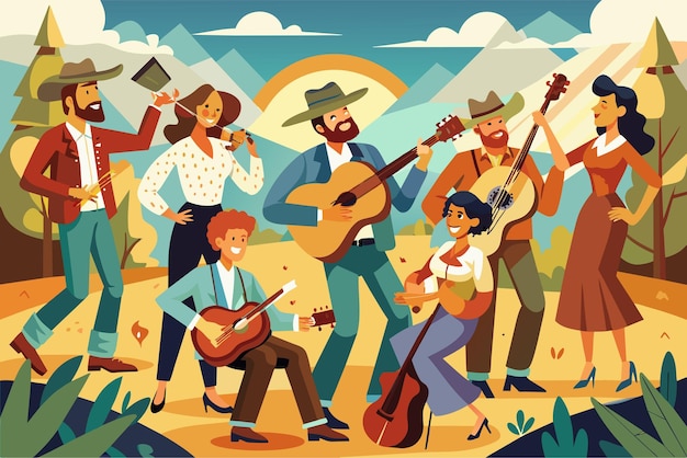 Vector a spirited country music hoedown with talented musicians playing banjos fiddles and guitars getting the crowd on their feet with catchy tunes and lively rhythms