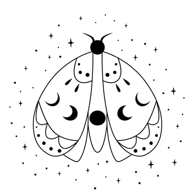 Spiritual butterfly with mystery moon Magic element Butterfly coloring page Line art Esoteric illustration