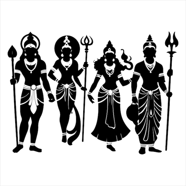 Spiritual Icons Hanuman Rama and Sita Silhouettes black colour vactor