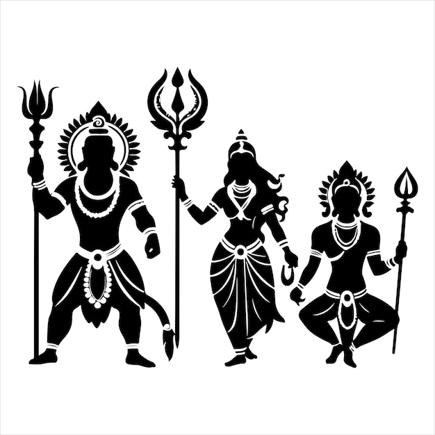 Spiritual Icons Hanuman Rama and Sita Silhouettes black colour vactor