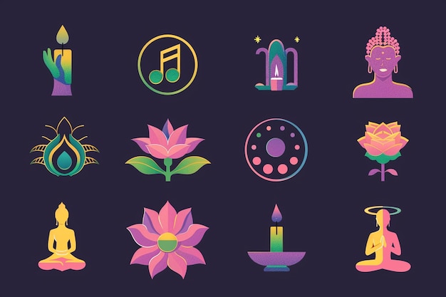 Vector spiritual practice meditation icons set