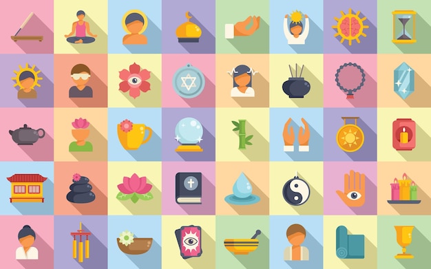 Spiritual practices icons set flat vector Calm retreat