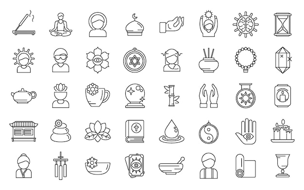 Spiritual practices icons set outline vector Calm retreat