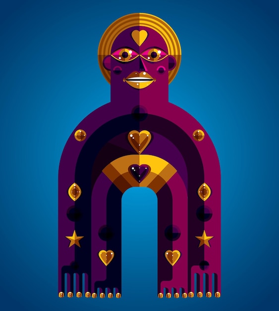 Spiritual totem vector illustration, meditation theme drawing. Anthropomorphic character, mystic idol isolated on decorative background.