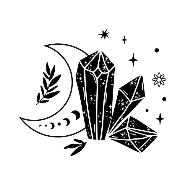 Spirituality moon phase crystal logo Floral moon Black graphic magical stone Spiritual stone illustration Vector moon mineral shape