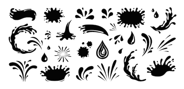 Splash silhouette with droplets Water drops shapes liquid burst splashes and ink blot hand drawn vector set