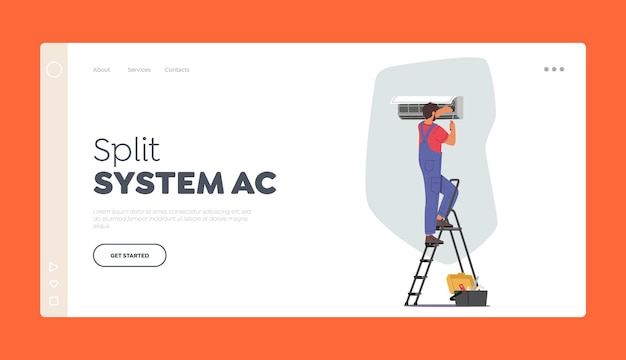 Split System Ac Landing Page Template Electrician Master Repair Broken Conditioner Male Character Fix Cooling System