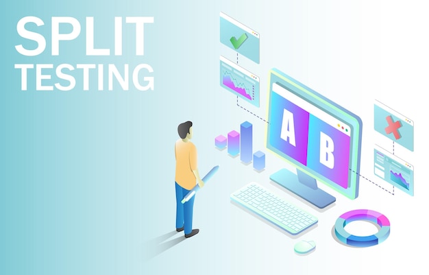 Split testing vector isometric illustration. A - B comparison, multivariate testing to improve website concept for for web banner, webpage etc.