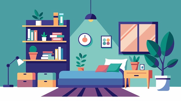 A sply decorated room with only a bed a bookshelf and a single potted plant in the corner