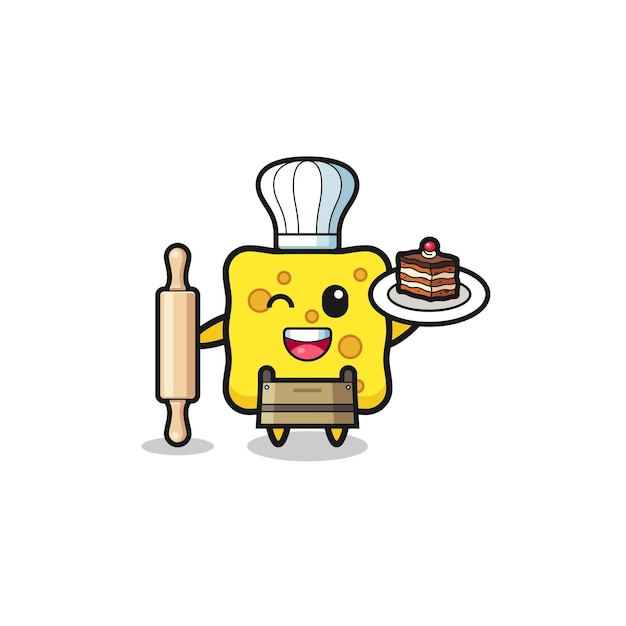 Sponge as pastry chef mascot hold rolling pin