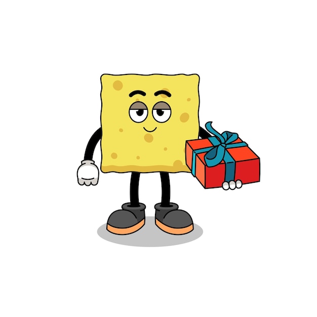 Sponge mascot illustration giving a gift character design