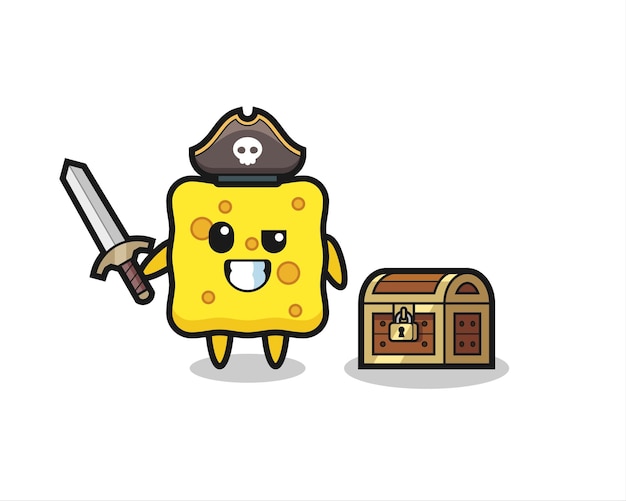 The sponge pirate character holding sword beside a treasure box