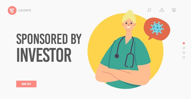 Sponsored by Investor Landing Page Template. Medical Staff Stand with Crossed Arms Need Donation and Help in Finance Issues, Medicine Sponsorship Concept. Hospital Support. Cartoon Vector Illustration