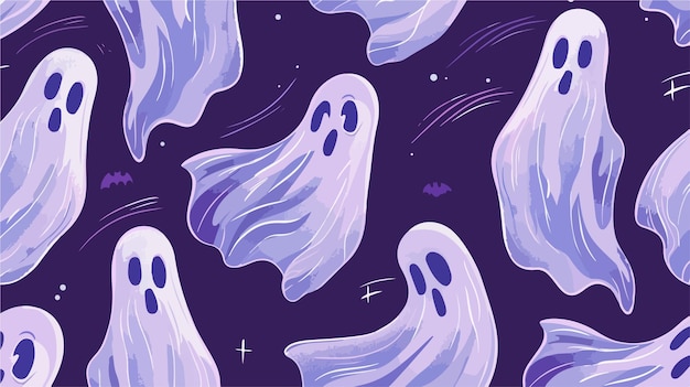 Vector spooky yet adorable ghost pattern on purple background