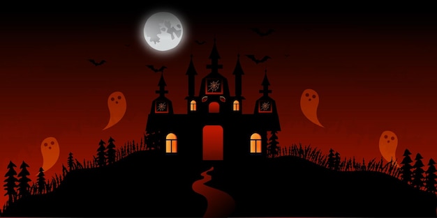 Spooky castle night background with ghost