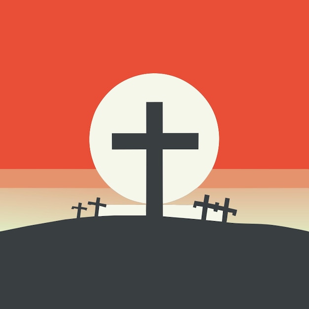 Vector spooky cemetery crosses at sunset vector illustration flat 2