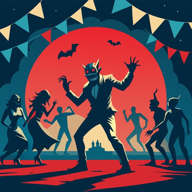 Vector a spooky dance scene with a monster and people celebrating at night