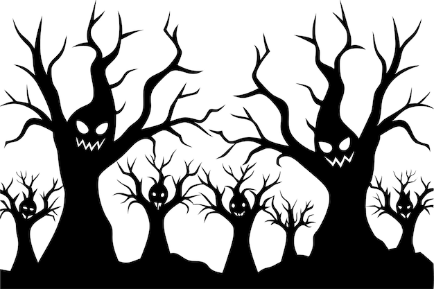 Vector spooky forest halloween trees and creepy creatures vector illustration