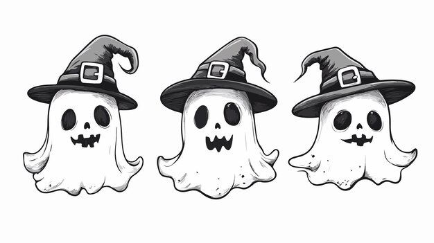 Vector spooky ghosts wearing witch hats for halloween coloring