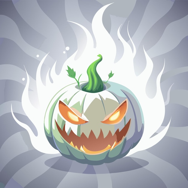 A spooky glowing pumpkin with a menacing expression surrounded by ethereal flames