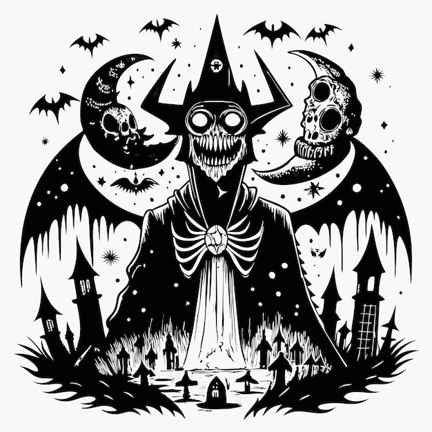 Vector spooky gothic witch illustration with skulls bats and haunted village in black and white