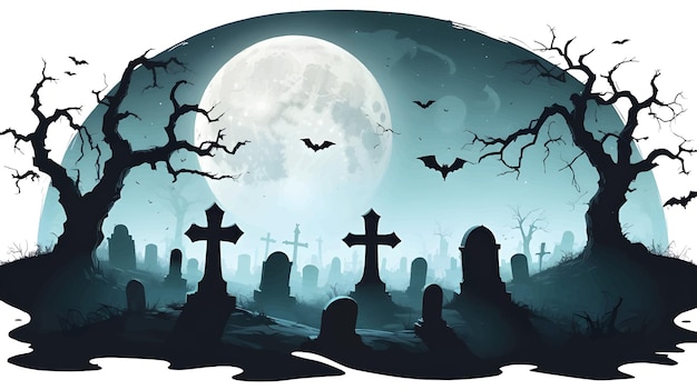 spooky grave Halloween silhouette on a with a full moon background