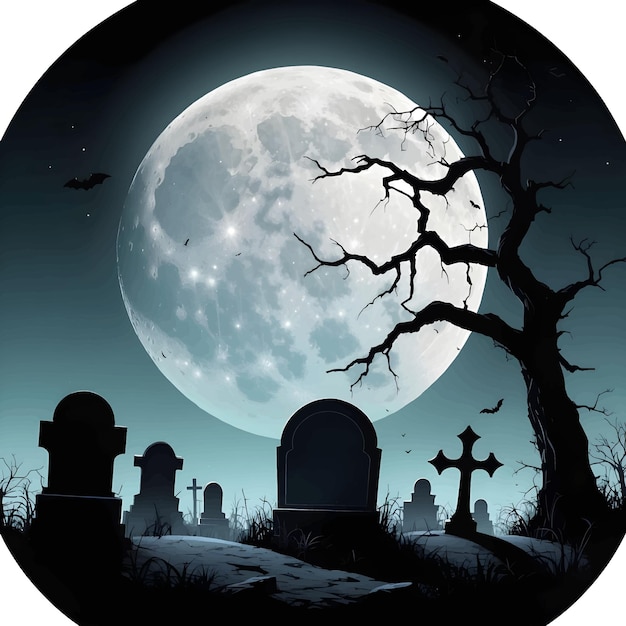 spooky grave Halloween silhouette on a with a full moon background