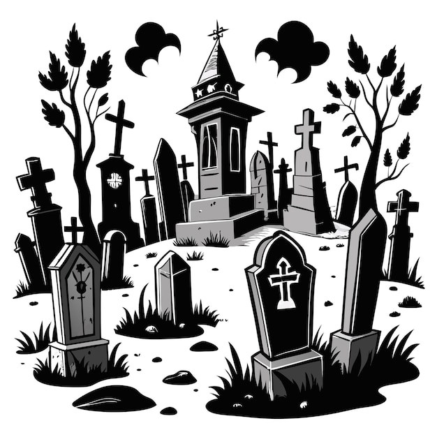 Spooky Graveyard Scene with Tombstones and Haunted Trees in Black and White Illustration