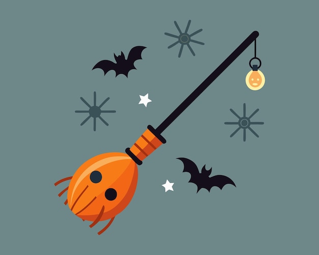 Vector spooky halloween broomstick with spiders and pumpkin lantern illustration vector