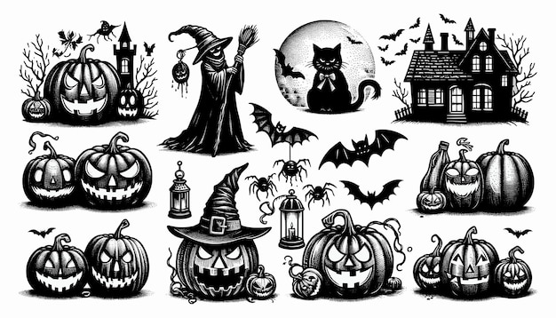 Spooky Halloween Collection with JackoLanterns Witches Haunted House and Bats