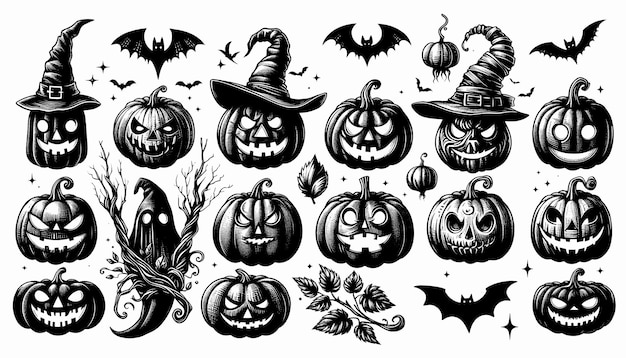 Spooky Halloween Icons with JackoLanterns Bats Ghosts and Witch Hats for Festive Decorations