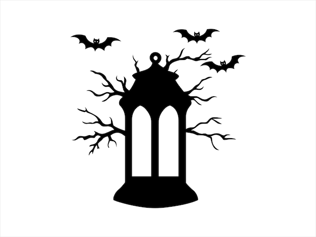 Vector spooky halloween lantern silhouettes with haunted trees and bats gothic vector clipart